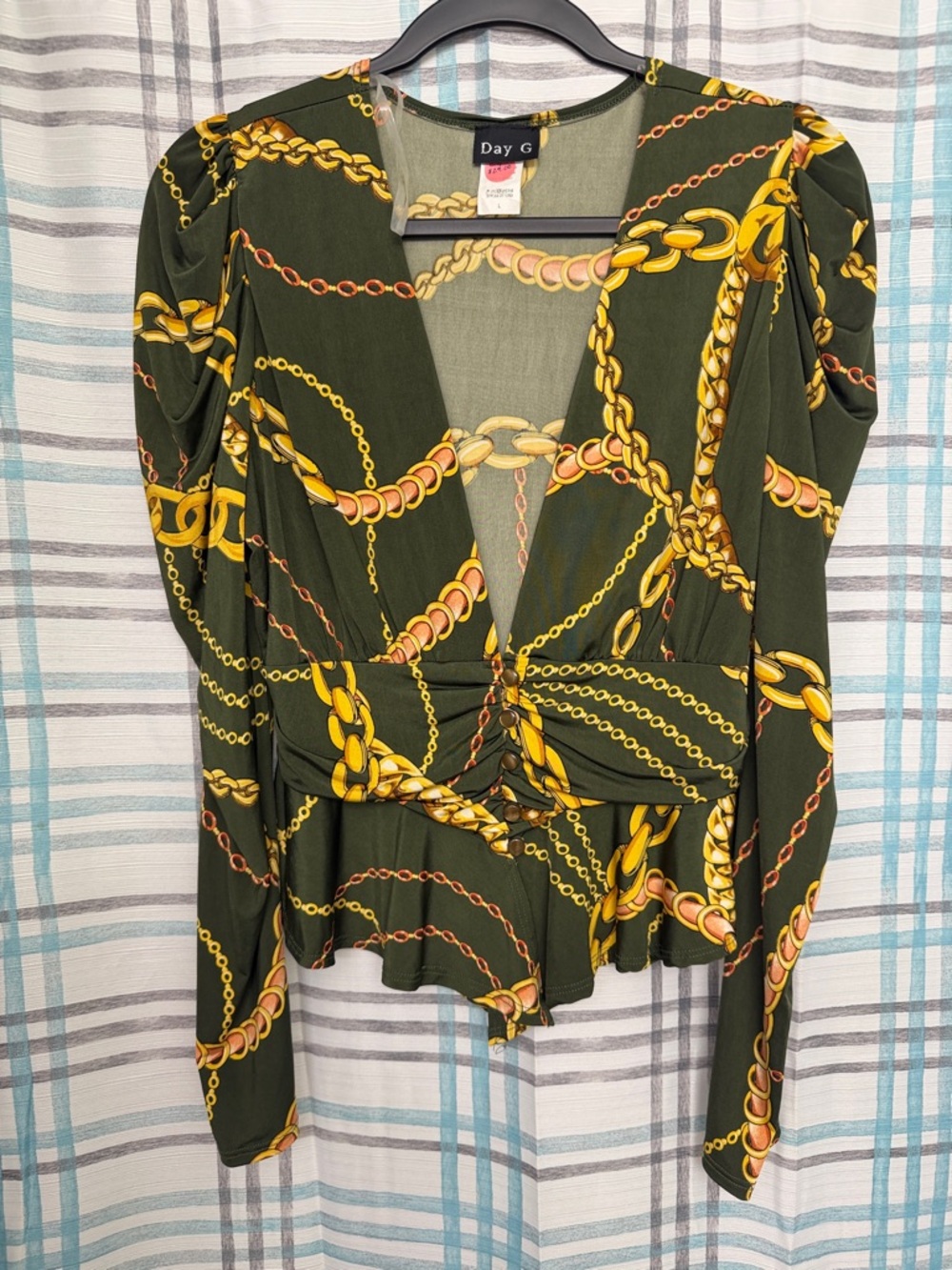 Day G Olive Green Chain-Print Wrap-Style Blouse